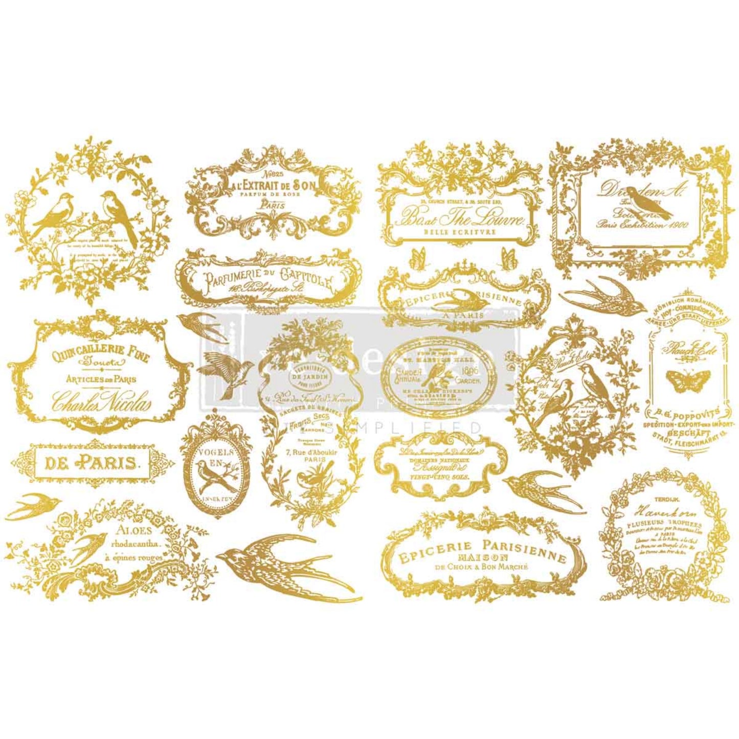 Chant Du Matin gold H2O transfer designs applied to white kitchen canisters for a vintage French bakery-inspired décor look.