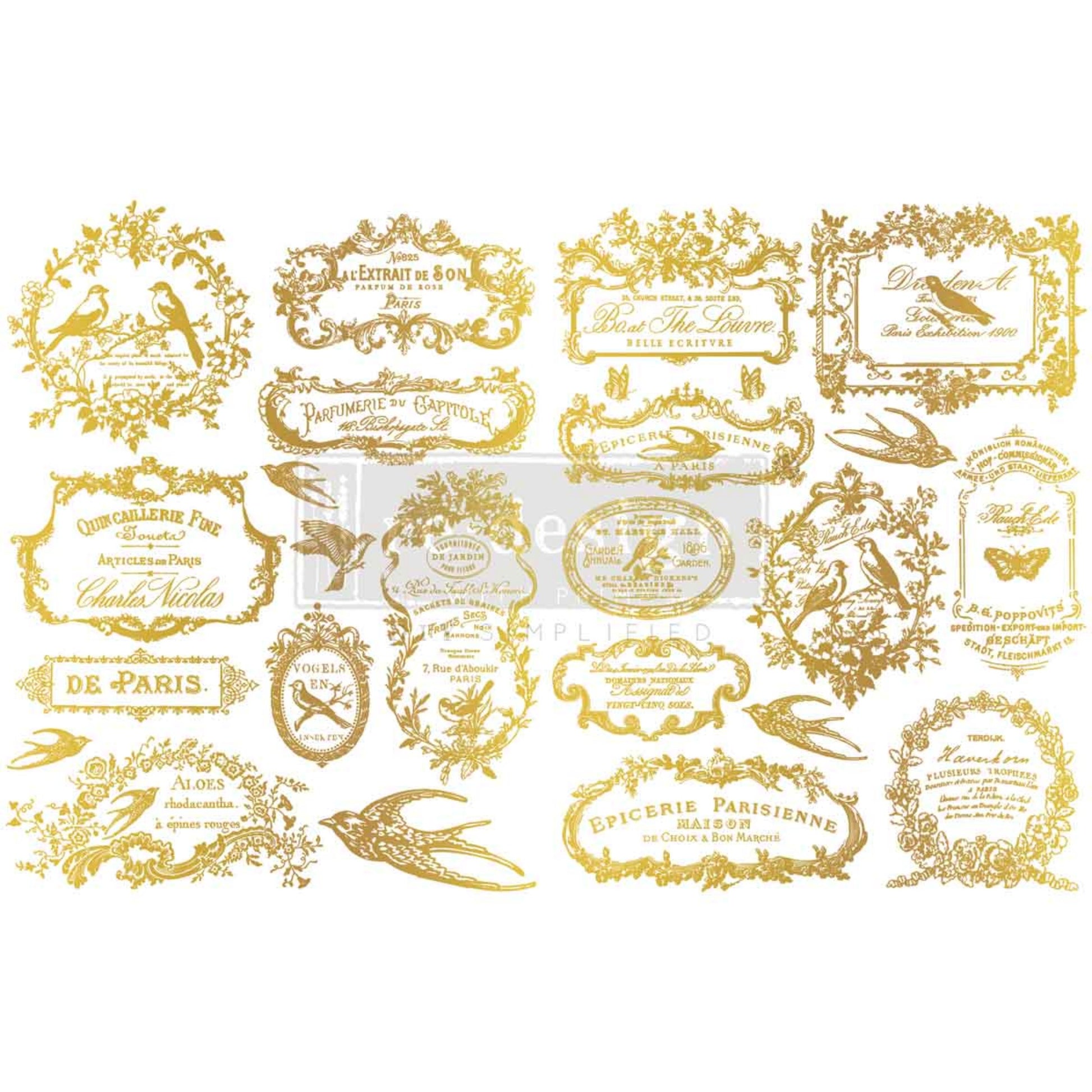 Chant Du Matin gold H2O transfer designs applied to white kitchen canisters for a vintage French bakery-inspired décor look.