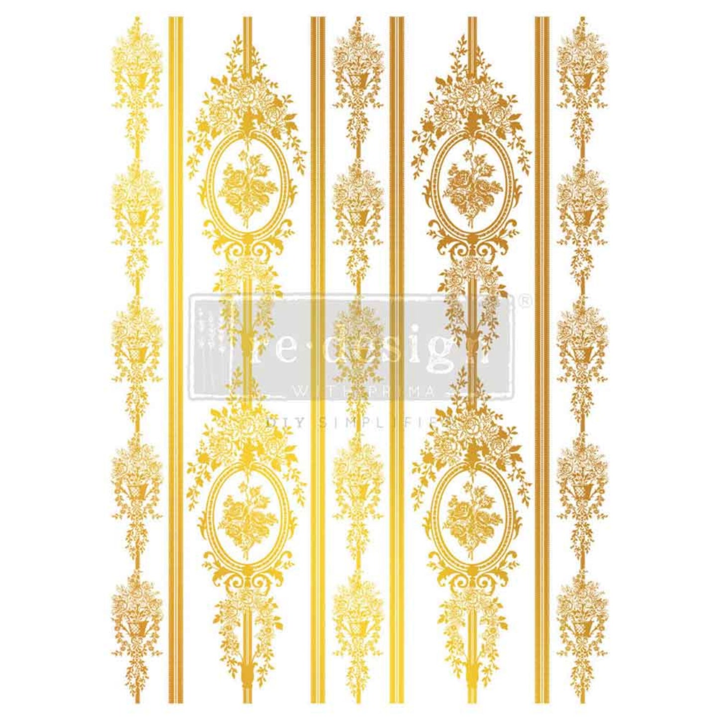 Chateau Filigree Gold Foil Décor Transfer by Kacha featuring ornate floral medallions, decorative borders, and metallic gold details