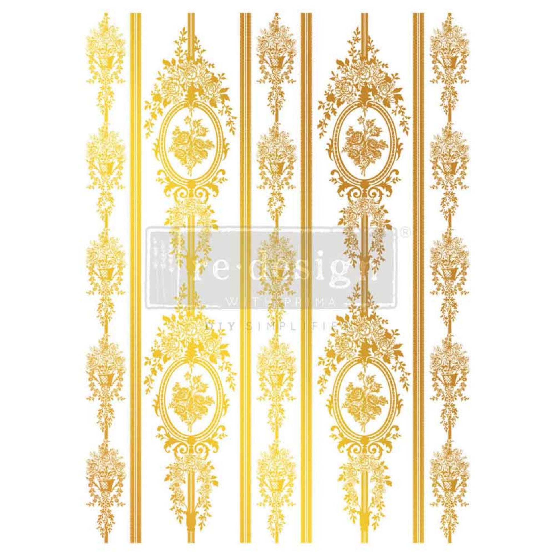 Chateau Filigree Gold Foil Décor Transfer by Kacha featuring ornate floral medallions, decorative borders, and metallic gold details