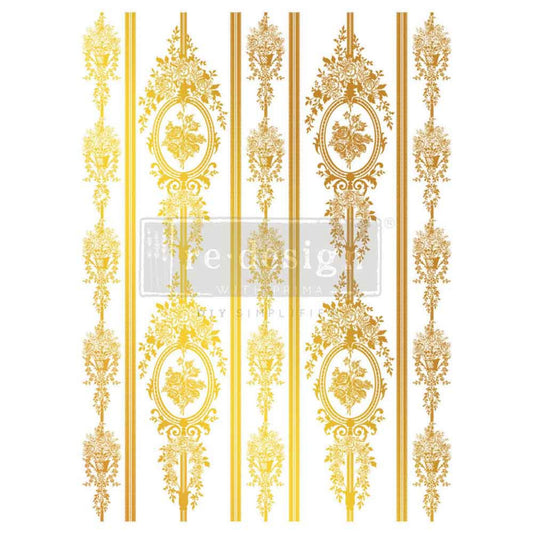 Chateau Filigree Gold Foil Décor Transfer by Kacha featuring ornate floral medallions, decorative borders, and metallic gold details