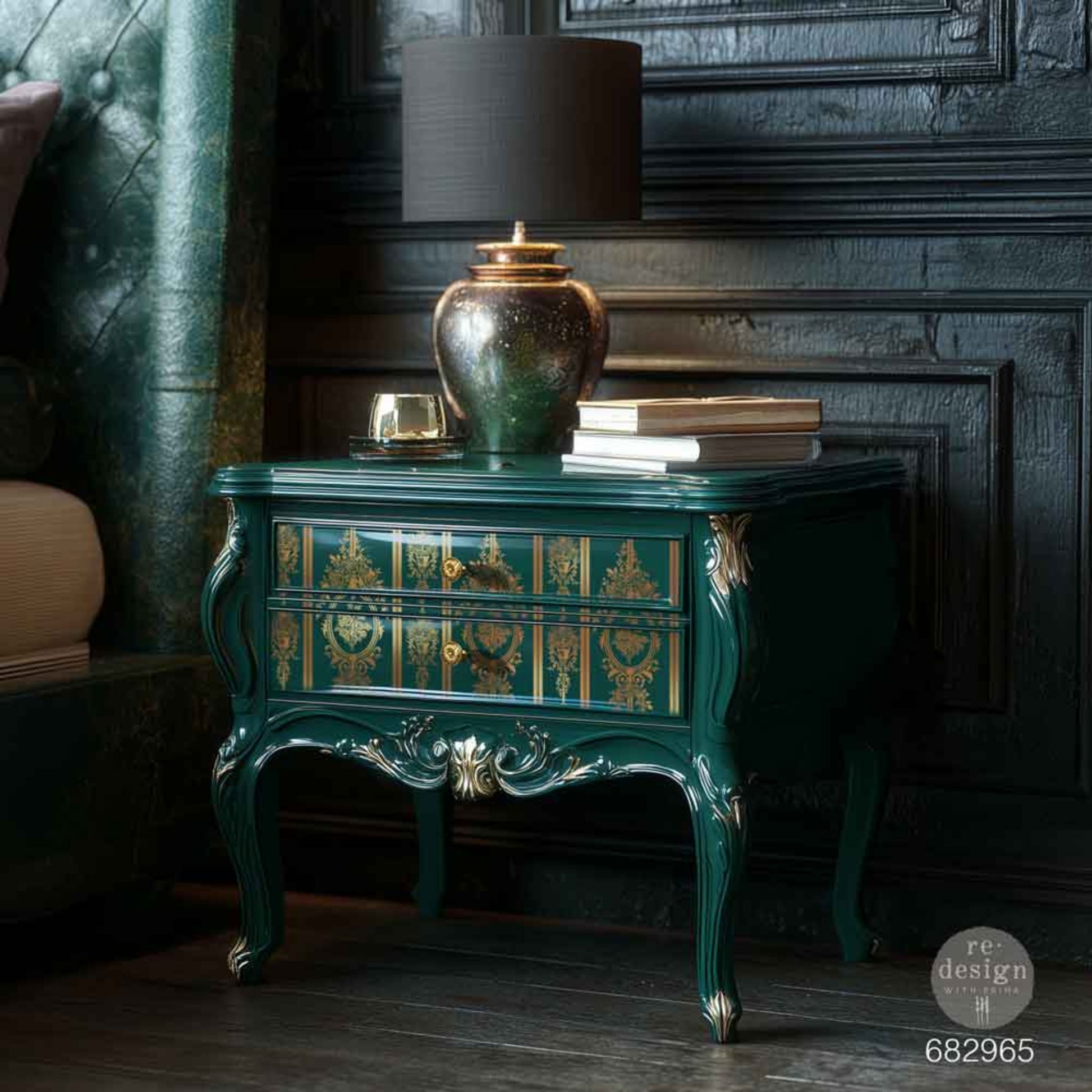 Chateau Filigree gold foil transfer applied to green furniture for an elegant French-inspired makeover