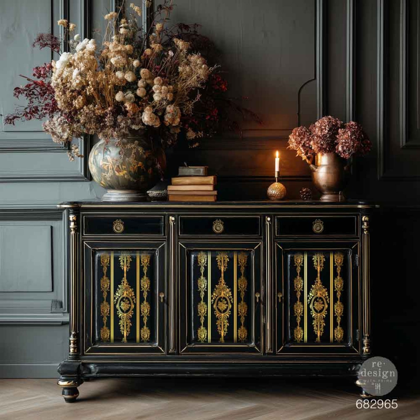 Chateau Filigree gold foil transfer applied to black furniture for an elegant French-inspired makeover