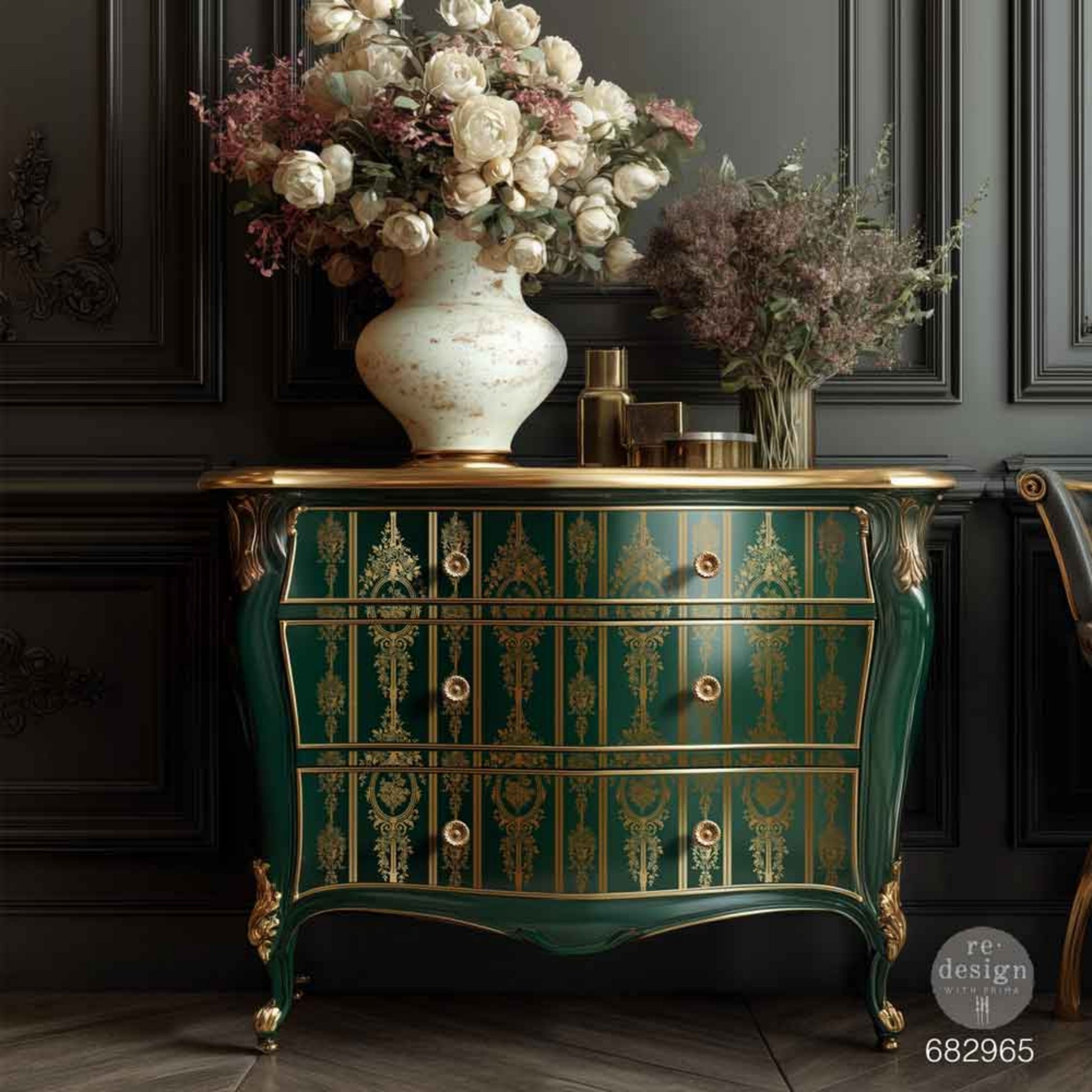 Chateau Filigree gold foil transfer applied to dark green  furniture for an elegant French-inspired makeover