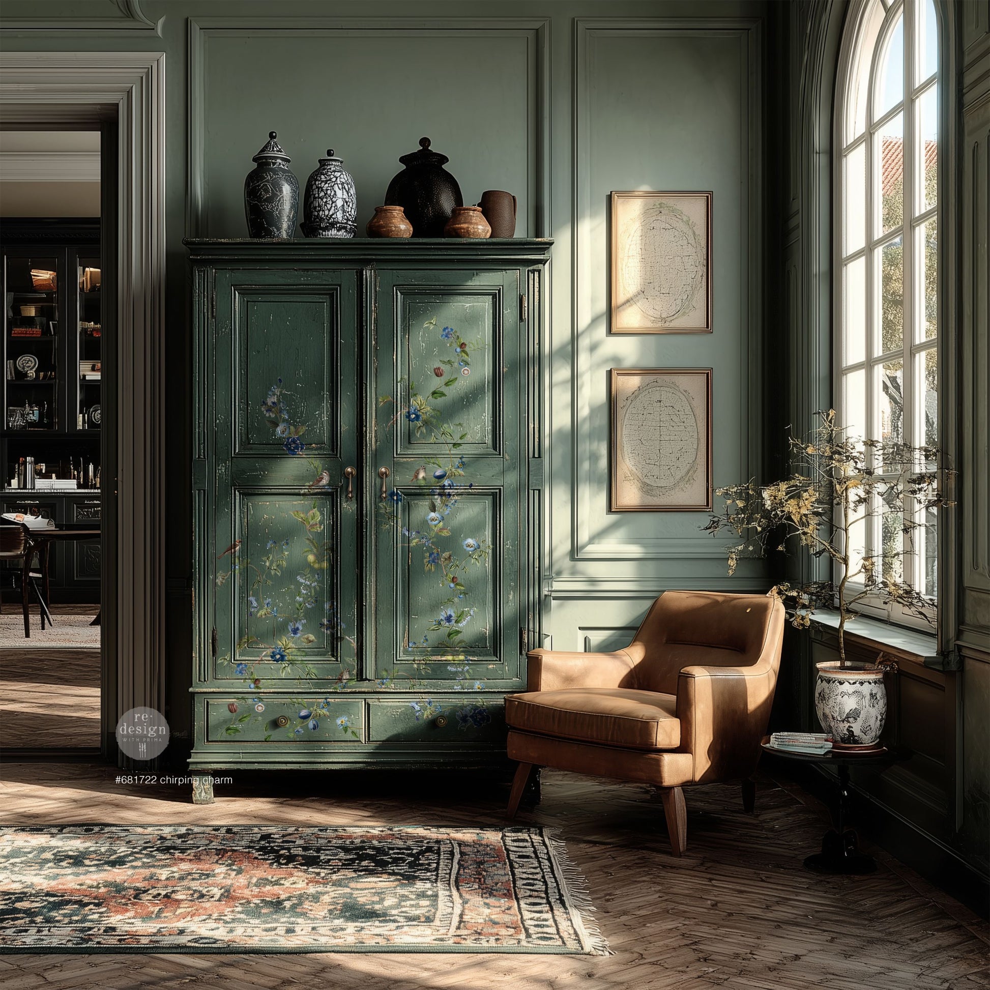 Close up of Chirping Charm botanical flowers and bird illustration details