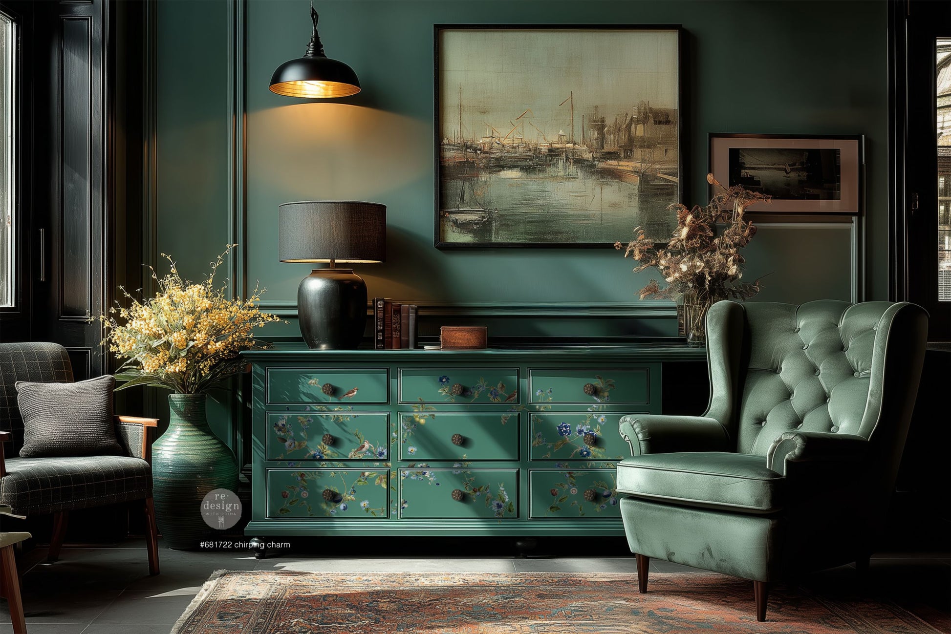 Cottagecore furniture transfer with blue flowers and greenery vines