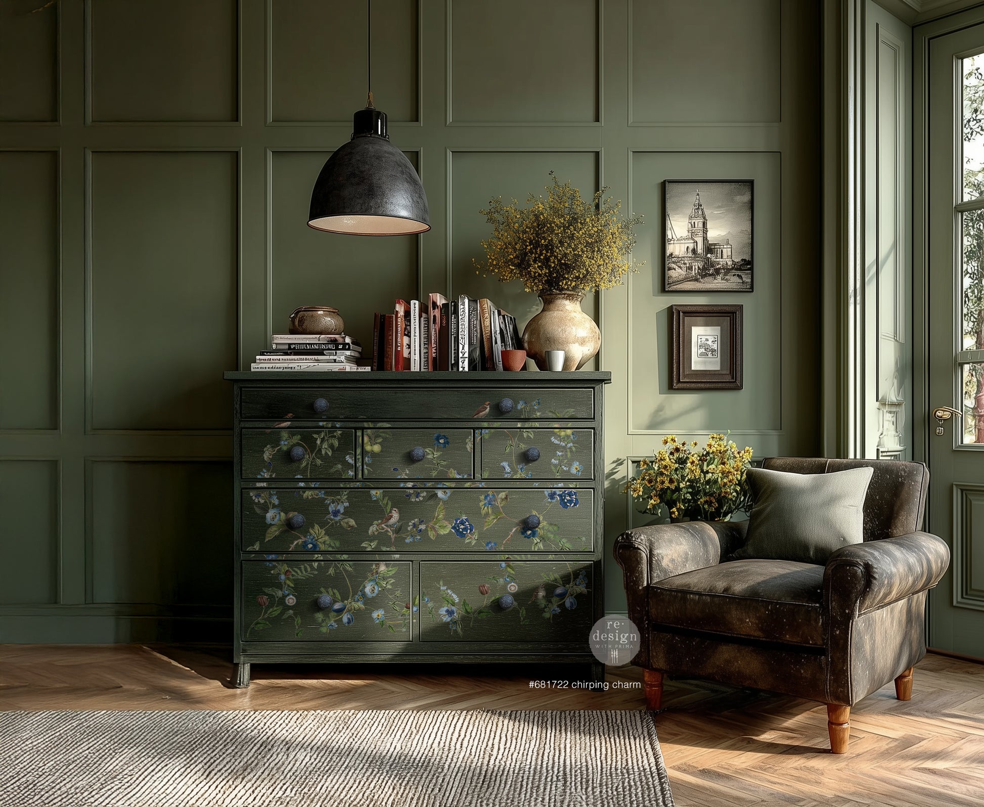 French country style decor transfer with birds and floral branches