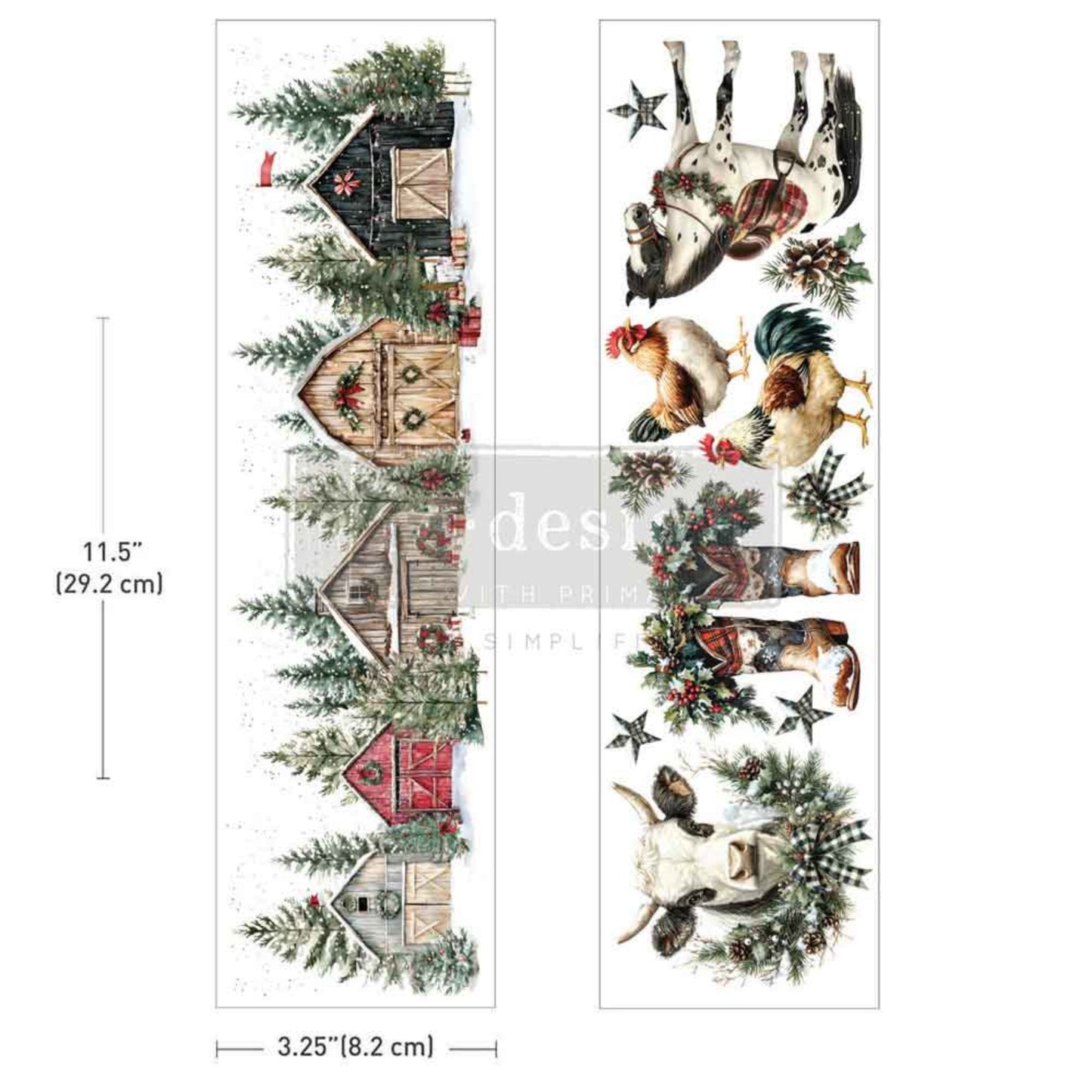 Christmas on the Farm Luxe Transfer featuring snowy barns, a horse, chickens, cowboy boots, a longhorn cow, and holiday greenery