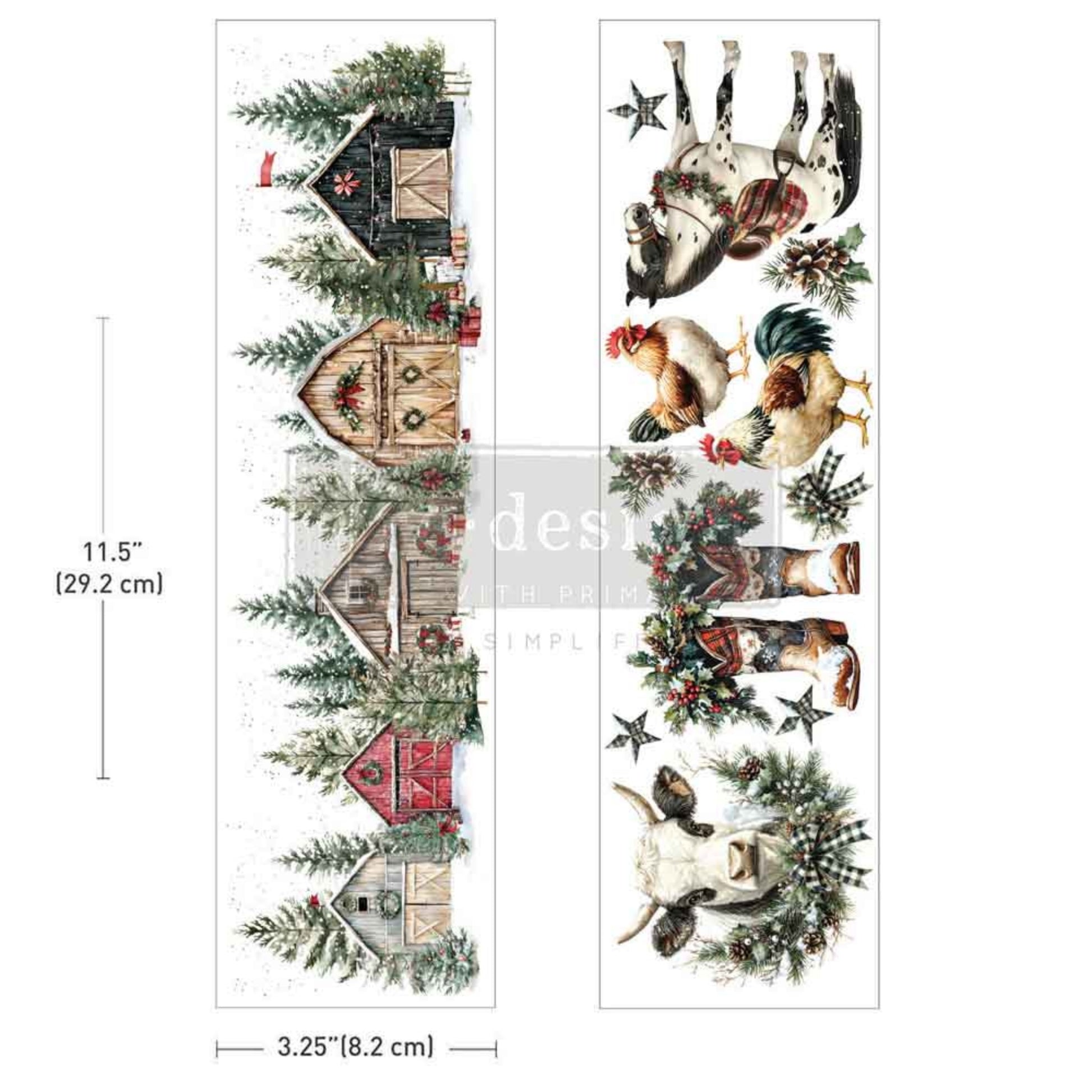 Christmas on the Farm Luxe Transfer featuring snowy barns, a horse, chickens, cowboy boots, a longhorn cow, and holiday greenery