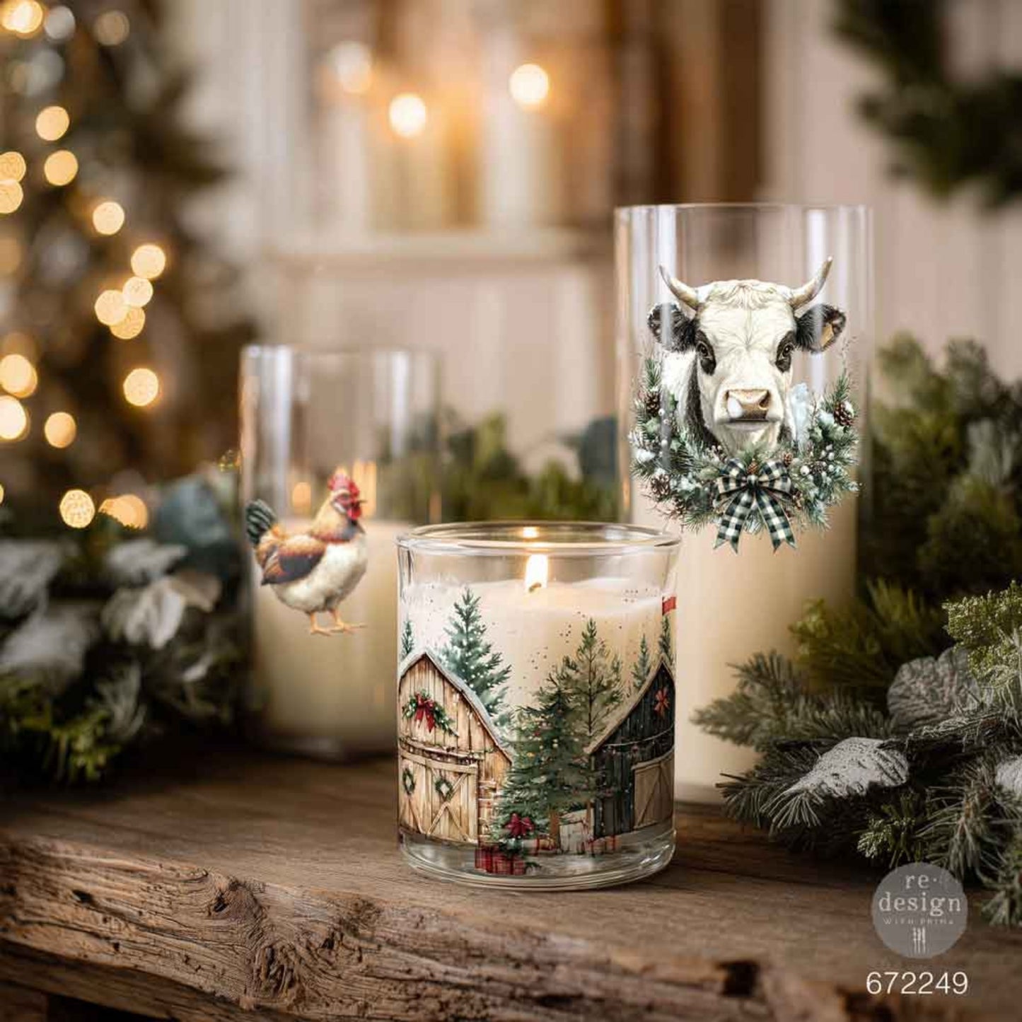Christmas on the Farm transfers applied to rustic farmhouse holiday décor with barns, farm animals, and plaid accents