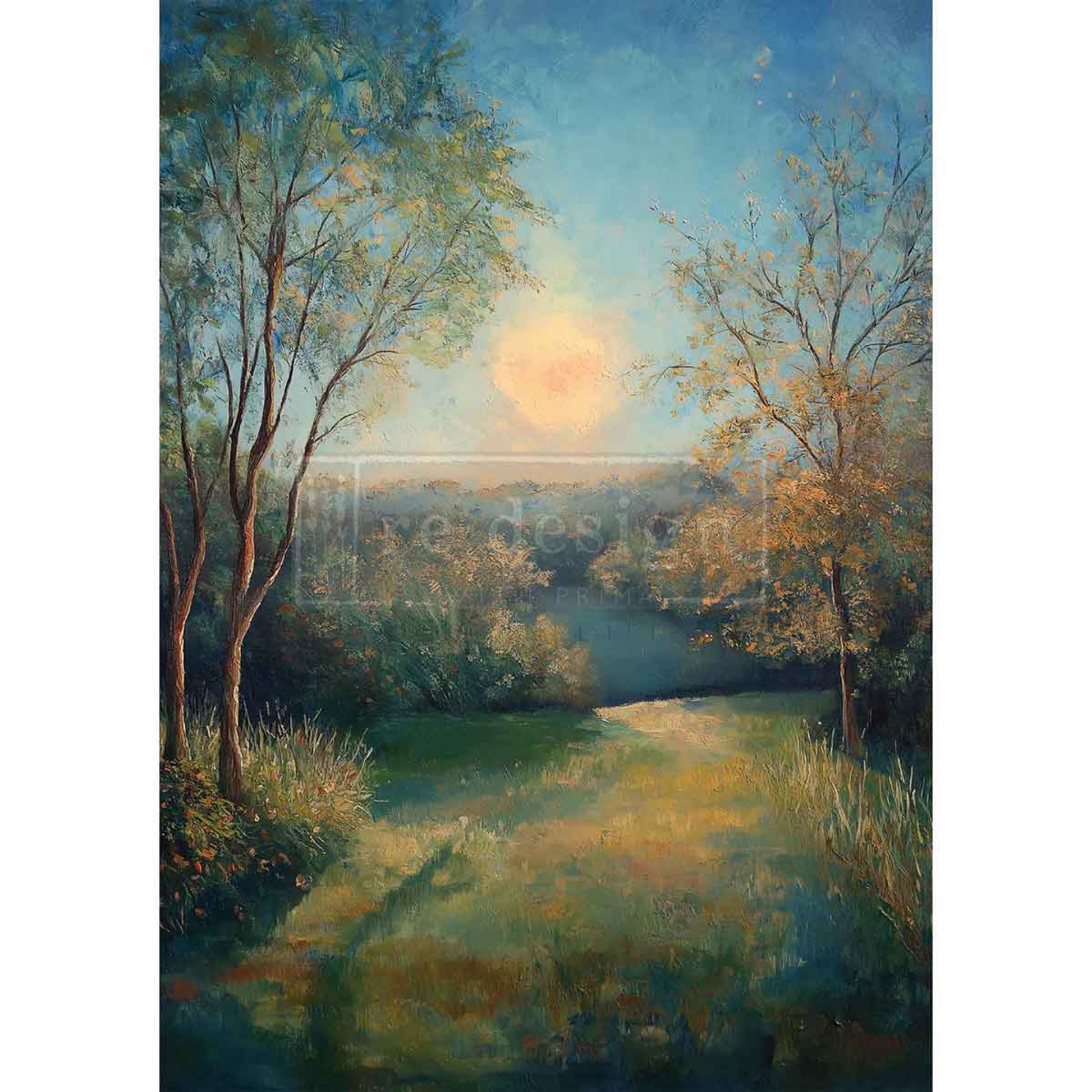 Cozy Countryside decoupage fiber paper close up showing painterly brush texture, warm sunset tones, and scenic nature artwork for DIY furniture crafts