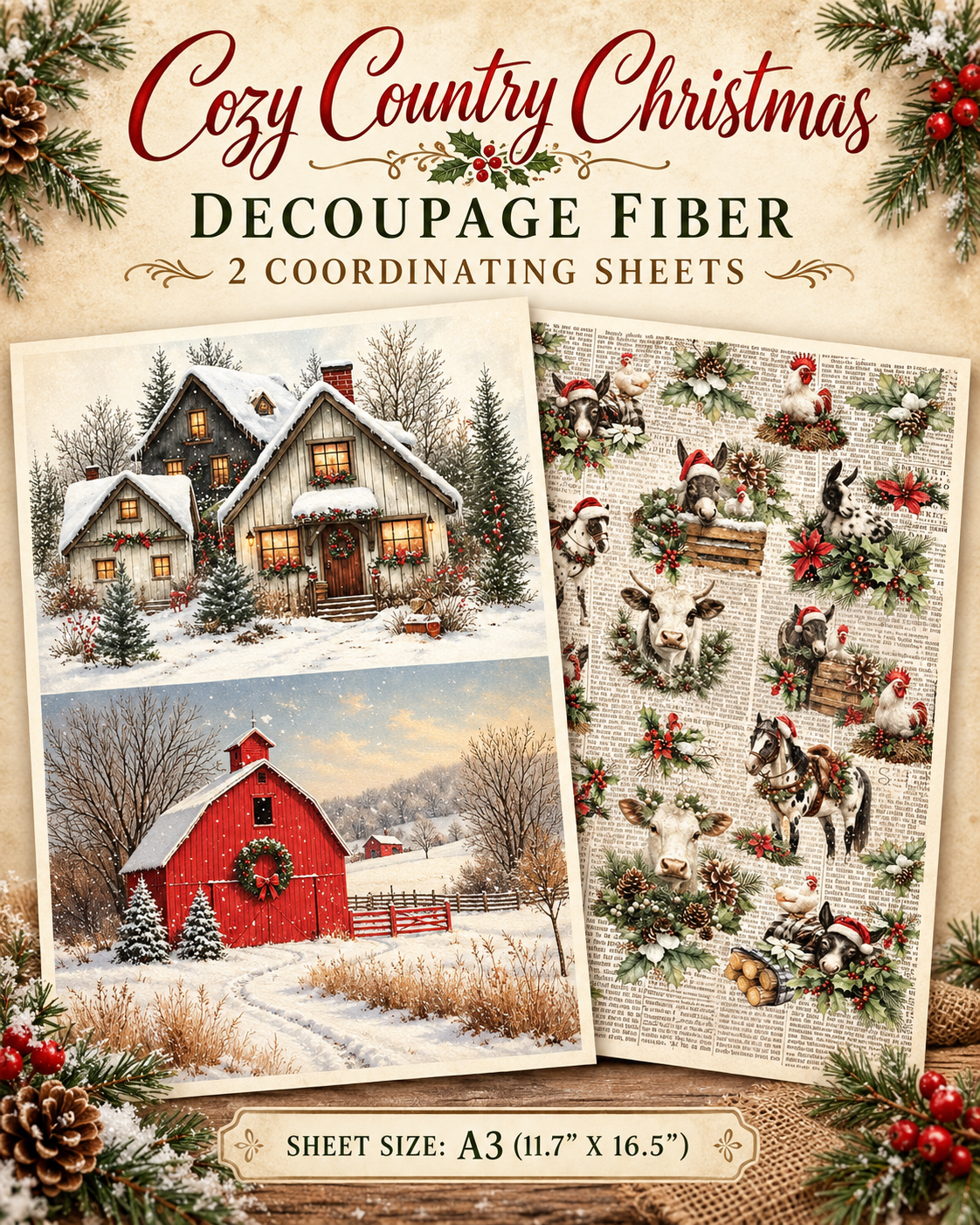 A3 Decoupage Fiber Pack – Cozy Country Christmas – 2 Sheets