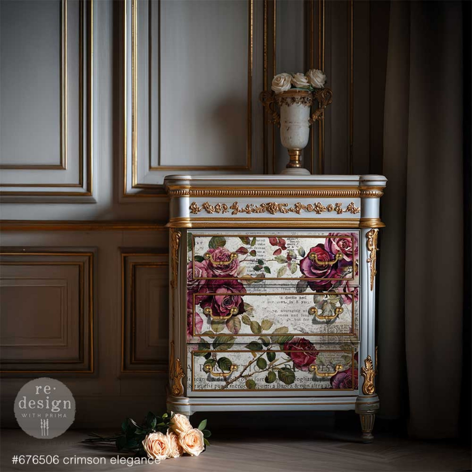 Crimson Elegance floral decoupage fiber paper featuring burgundy roses, soft pink blooms, green leaves, and vintage collage-style background details on a night stand.