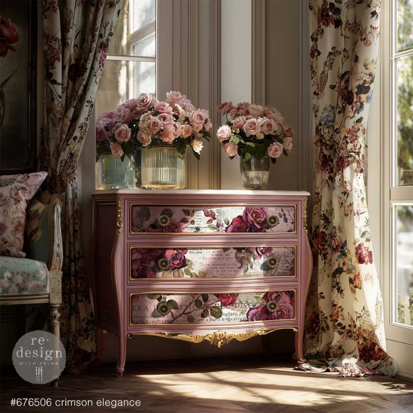 Furniture makeover using Crimson Elegance decoupage fiber paper with rich rose florals, vintage script, and romantic old-world style.