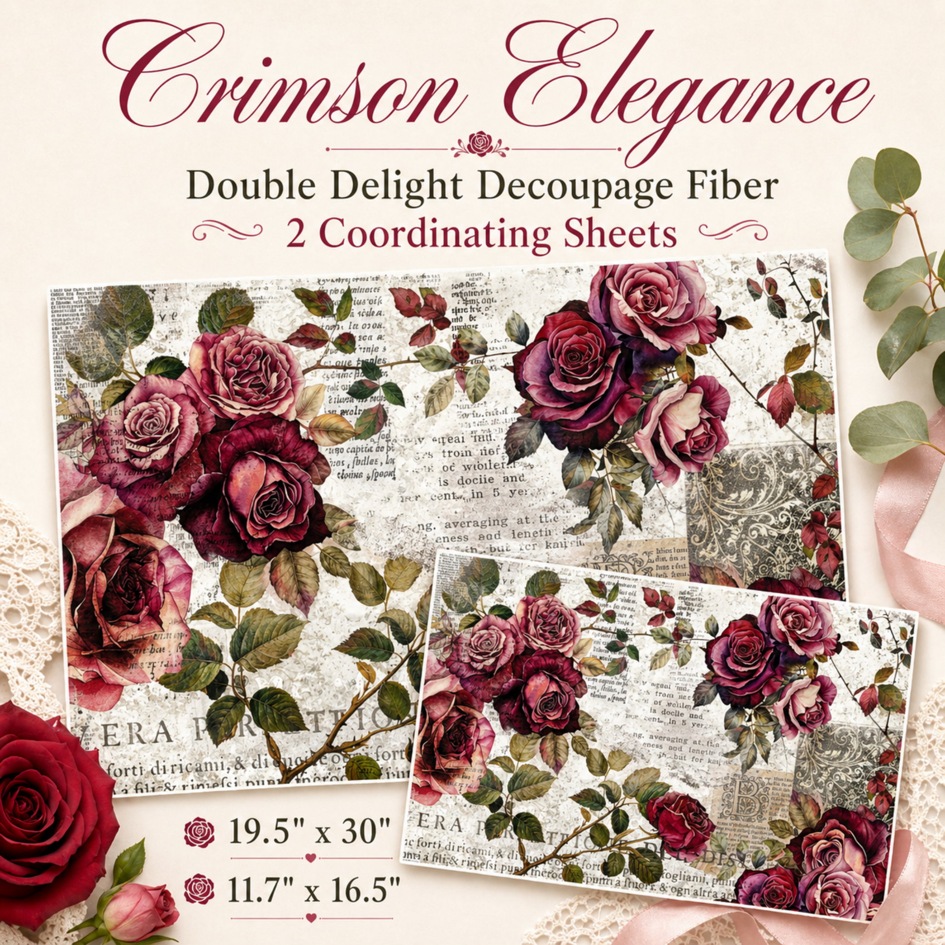 Double Delight Crimson Elegance Decoupage Fiber Paper Set with deep crimson roses, blush florals, leafy branches, vintage script, and two coordinating sheet sizes.