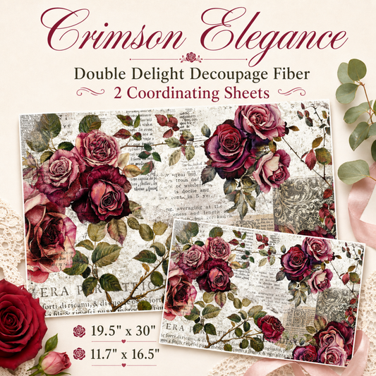 Double Delight Crimson Elegance Decoupage Fiber Paper Set with deep crimson roses, blush florals, leafy branches, vintage script, and two coordinating sheet sizes.