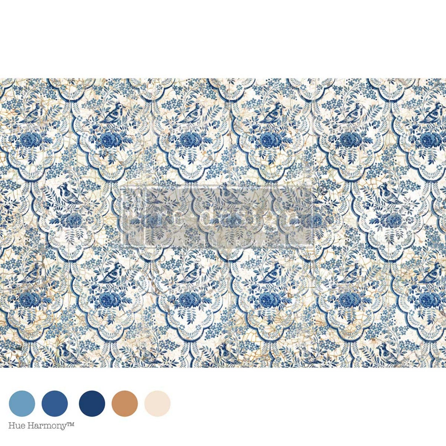 Delft Aviary decoupage fiber paper featuring blue birds, floral bouquets, foliage, and Delft-inspired ornamental patterns by Redesign with Prima.