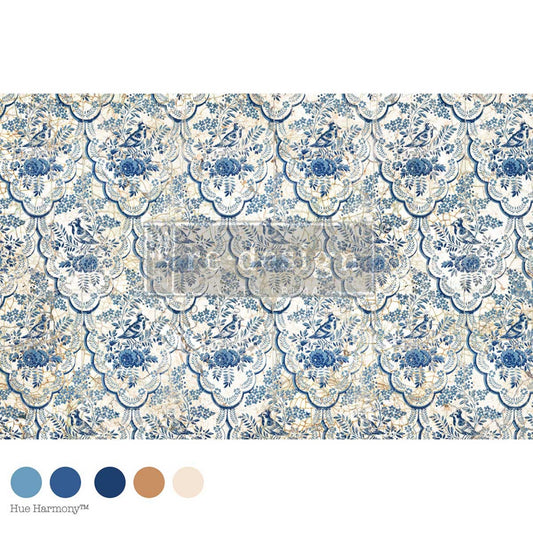 Delft Aviary decoupage fiber paper featuring blue birds, floral bouquets, foliage, and Delft-inspired ornamental patterns by Redesign with Prima.