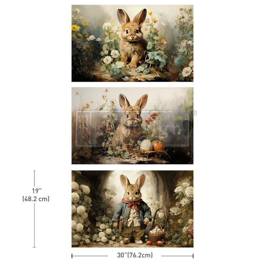 Dreamy Bunnies decor tissue paper pack showing three coordinated vintage bunny floral sheets for furniture decor and DIY projects