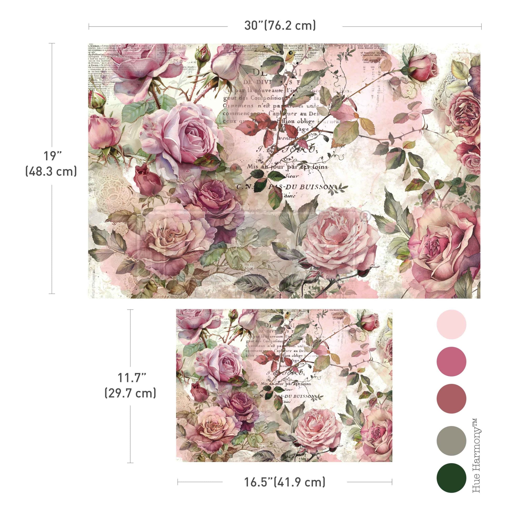 Redesign with Prima Dusty Velvet Mauve Double Delight set showing 19.5 inch by 30 inch and 11.7 inch by 16.5 inch floral decoupage sheets.