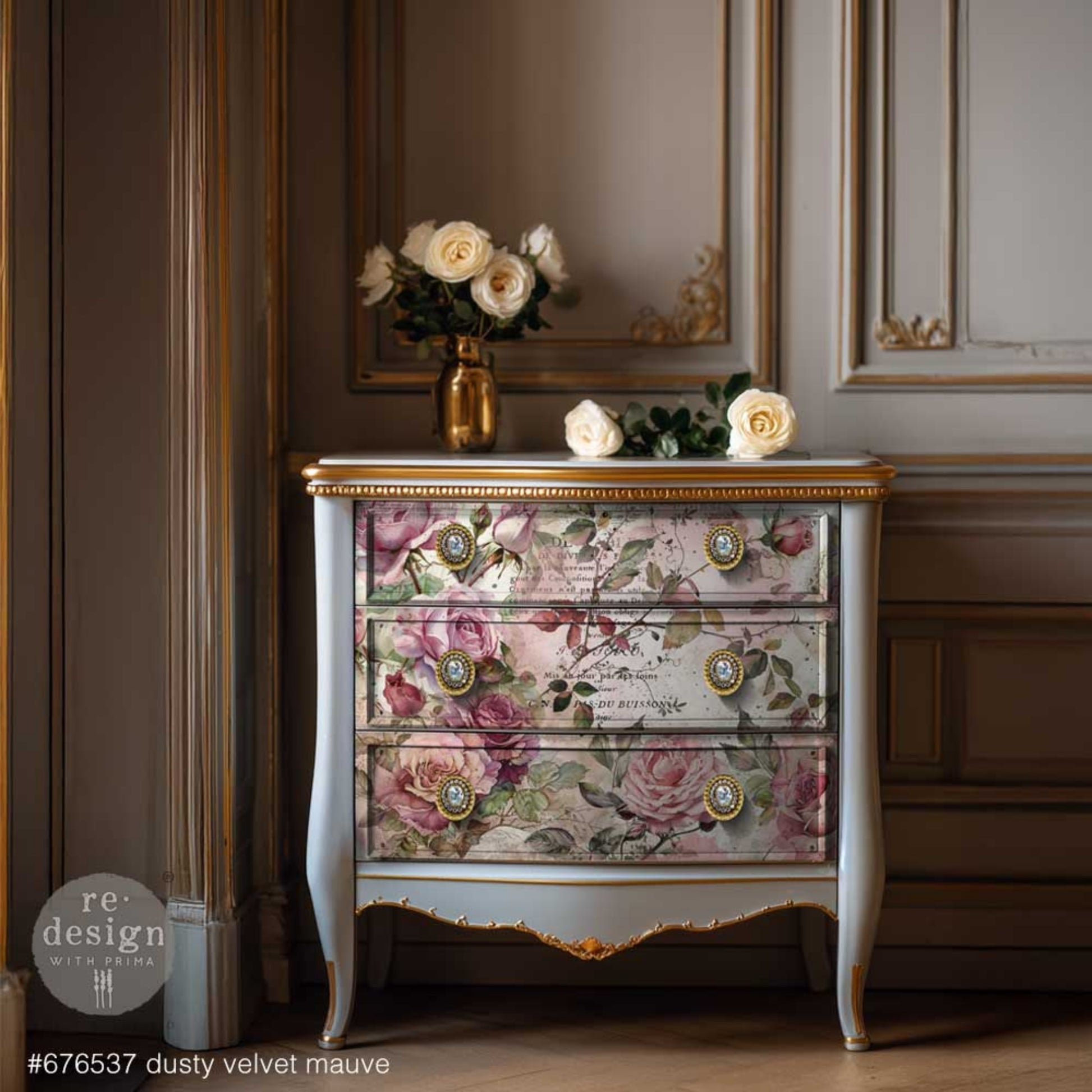 Dresser decorated with Dusty Velvet Mauve decoupage fiber paper featuring soft pink roses, mauve blooms, and vintage floral details.
