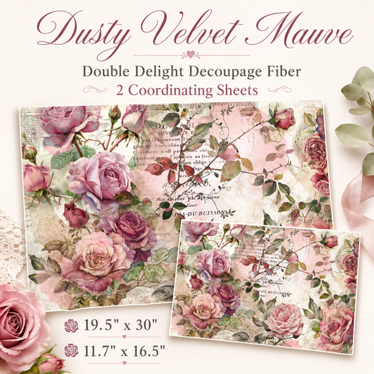 Double Delight Dusty Velvet Mauve Decoupage Fiber Paper Set with romantic mauve roses, blush flowers, leafy branches, vintage script, and two coordinating sheet sizes.