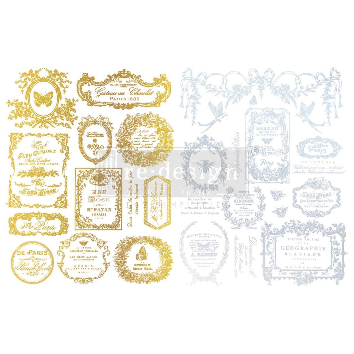 Éclat Du Matin gold and silver H2O transfer sheet featuring vintage French labels, butterflies, birds, florals, bees, and ornate frames.
