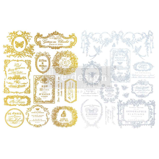 Éclat Du Matin gold and silver H2O transfer sheet featuring vintage French labels, butterflies, birds, florals, bees, and ornate frames.