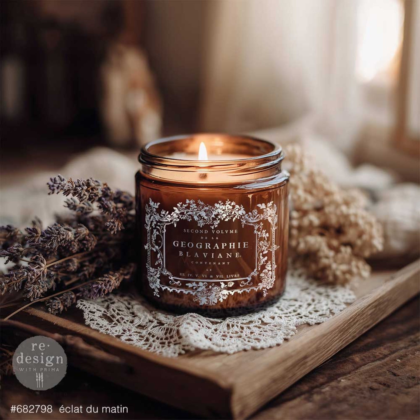 Éclat Du Matin silver transfer design applied to an amber candle jar with ornate French label details and cozy vintage styling.