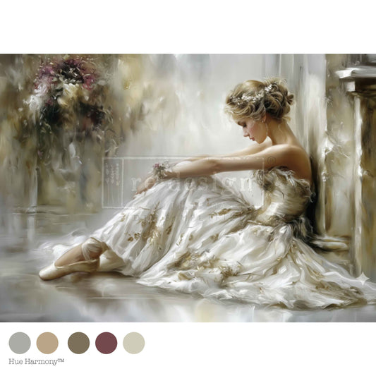 Romantic ballerina in a soft white gown seated in a dreamy neutral studio, A1 Decoupage Fiber Kacha ÉToile Studio by Redesign with Prima.
