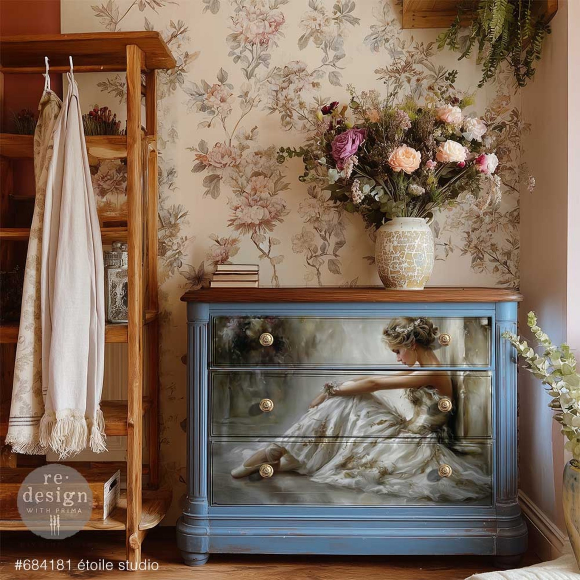 Romantic ballerina in a soft white gown seated in a dreamy neutral studio on a dresser, A1 Decoupage Fiber Kacha ÉToile Studio by Redesign with Prima.