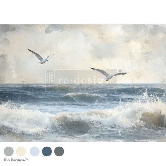 Echoes On The Water decoupage tissue paper featuring ocean waves, cloudy sky, and flying seagulls fiber paper