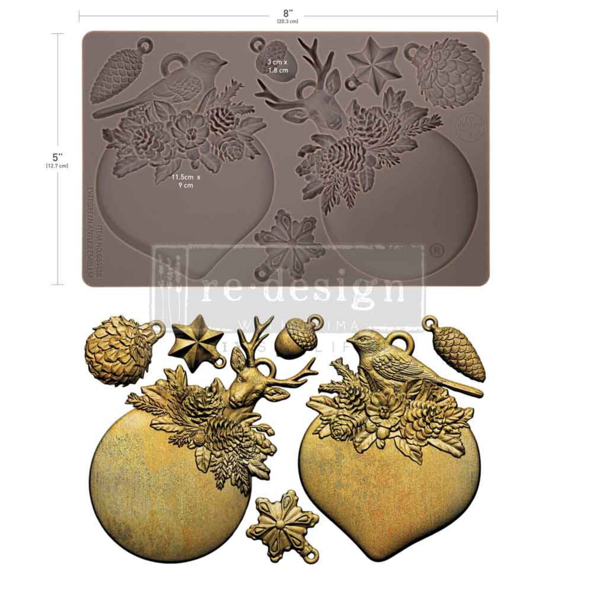 Evergreen Antler Emblem Décor Mould featuring bird, deer, pinecones, acorn, star, snowflake, and two ornament plaque shapes on one 5 by 8 inch mould.