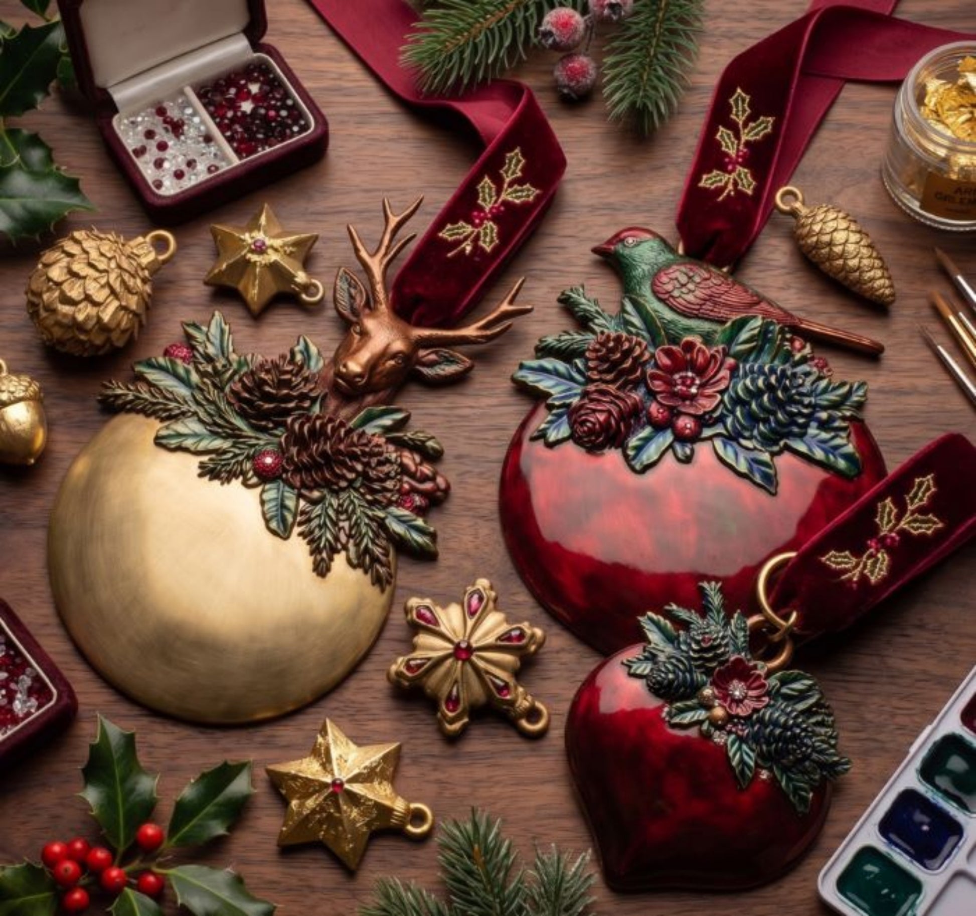 Red and gold holiday ornaments created with Evergreen Antler Emblem bird, deer, pinecone, star, and evergreen castings.