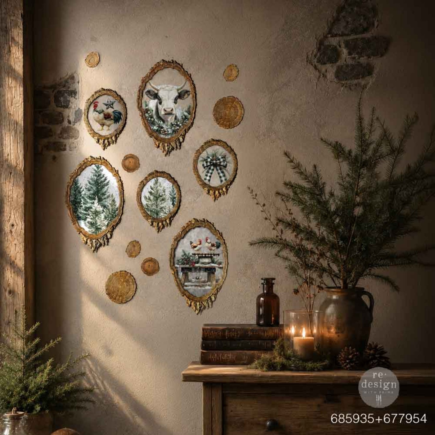 Woodland gallery wall featuring Evergreen & Embers tree-ring frames combined with winter animal and botanical artwork.