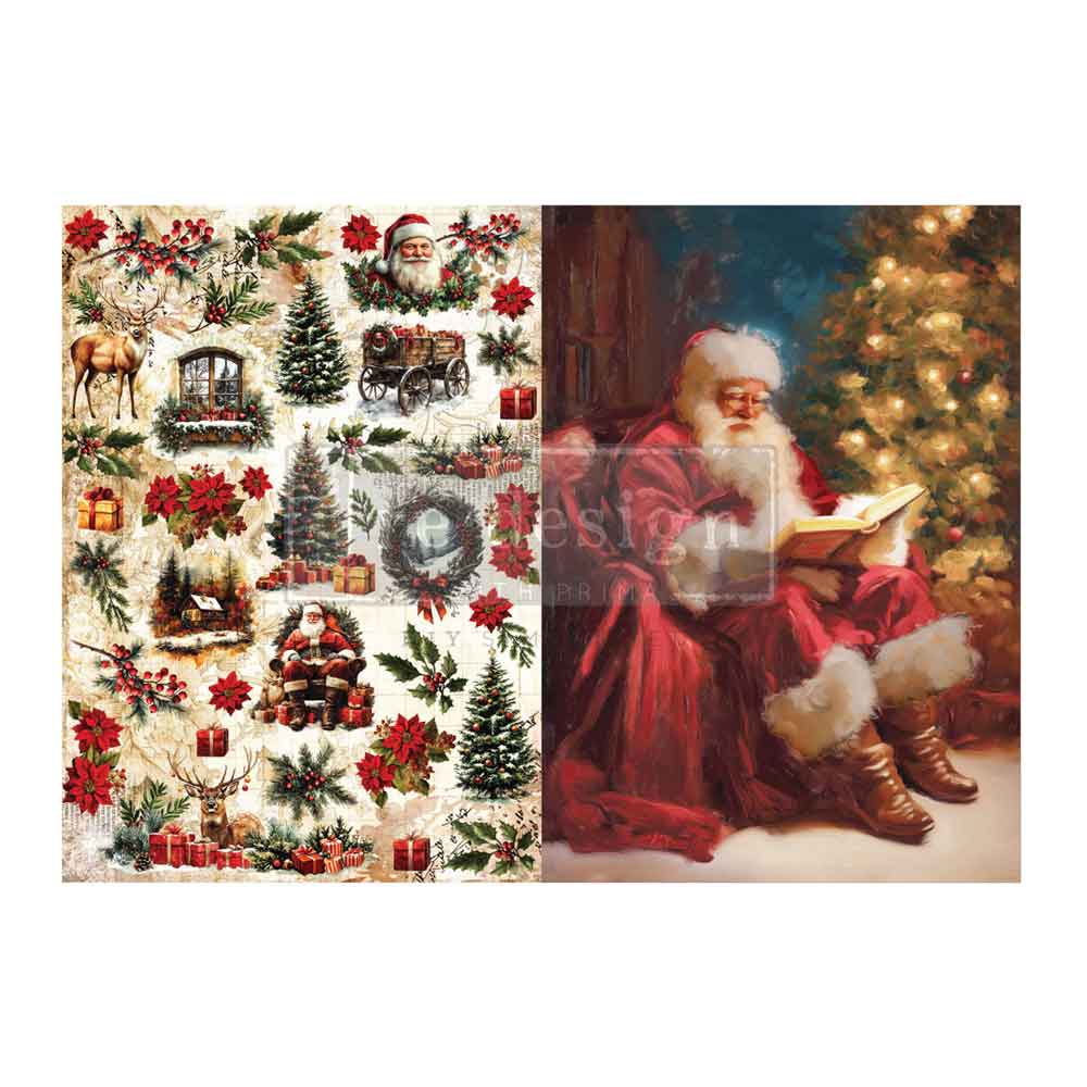 Everlasting Light A4 Decoupage Fiber Pack featuring vintage Santa, reindeer, poinsettias, holly, gifts, and Christmas trees