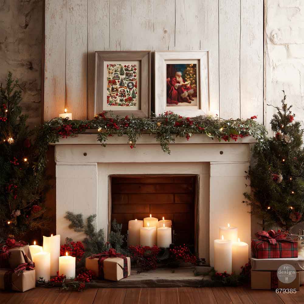 Framed Everlasting Light decoupage paper displayed as nostalgic Christmas wall art featuring Santa reading beside a glowing tree
