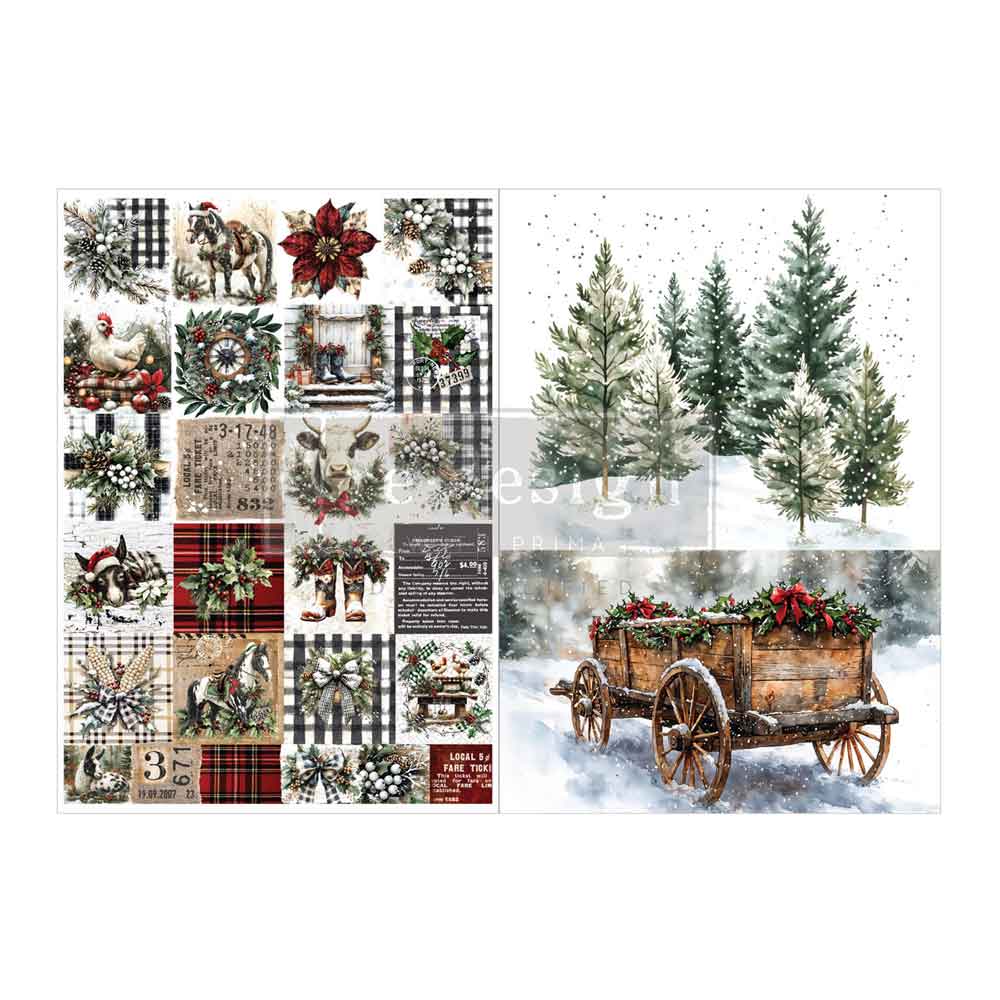 Farmhouse Frost A4 Decoupage Fiber Pack featuring farm animals, plaid patterns, snowy evergreen trees, and a rustic Christmas wagon