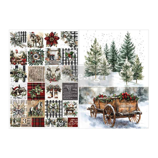 Farmhouse Frost A4 Decoupage Fiber Pack featuring farm animals, plaid patterns, snowy evergreen trees, and a rustic Christmas wagon