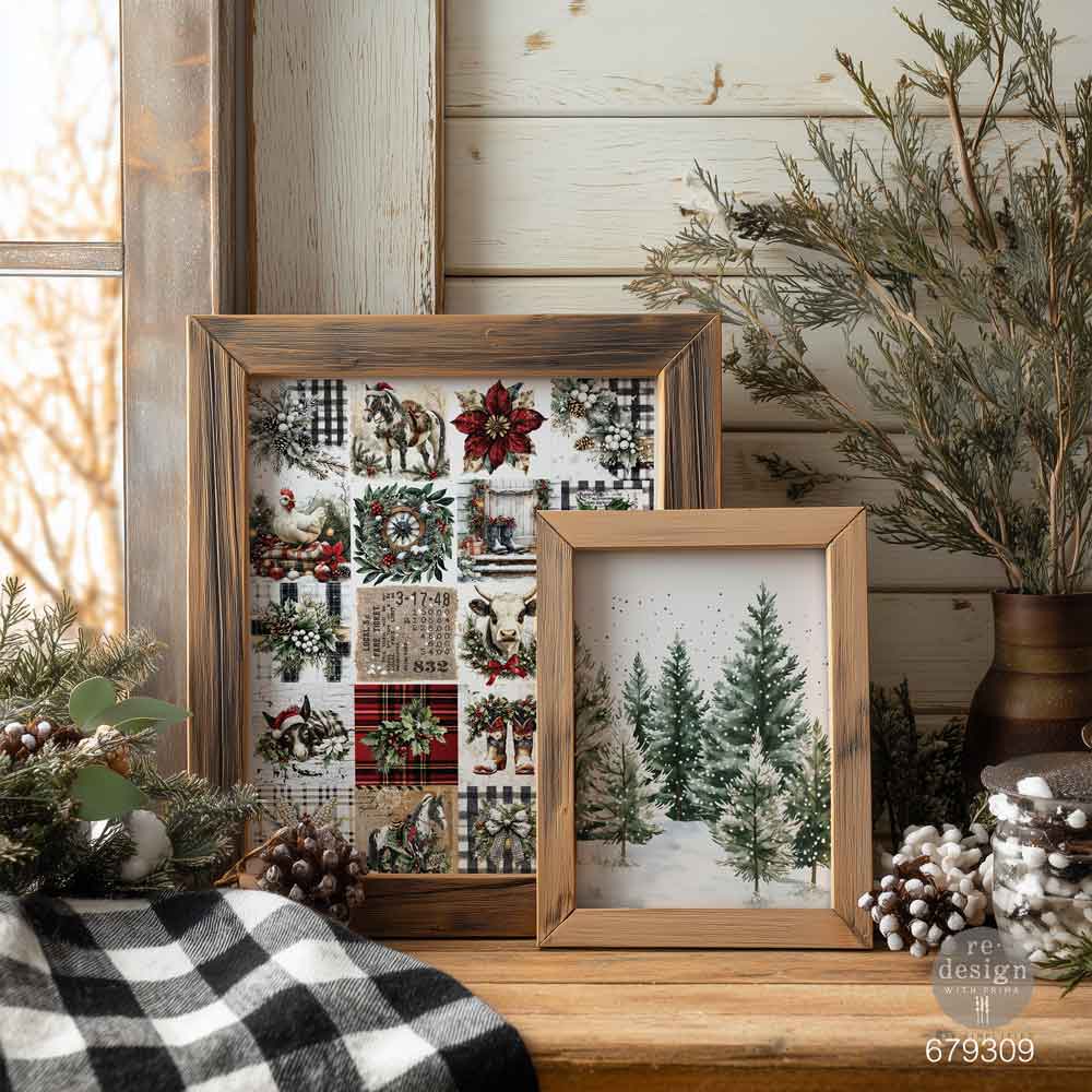 Framed Farmhouse Frost decoupage papers displayed as rustic Christmas wall art with farmhouse animals and snowy trees