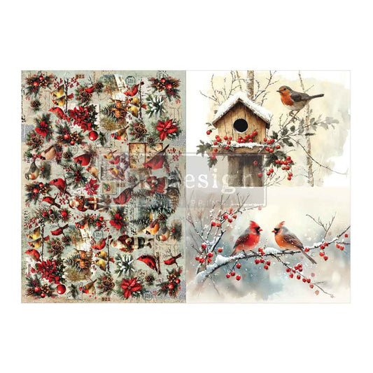 Feathered Elegance Christmas A3 Decoupage Fiber Pack featuring cardinals, robin, snowy birdhouse, berries, and winter greenery