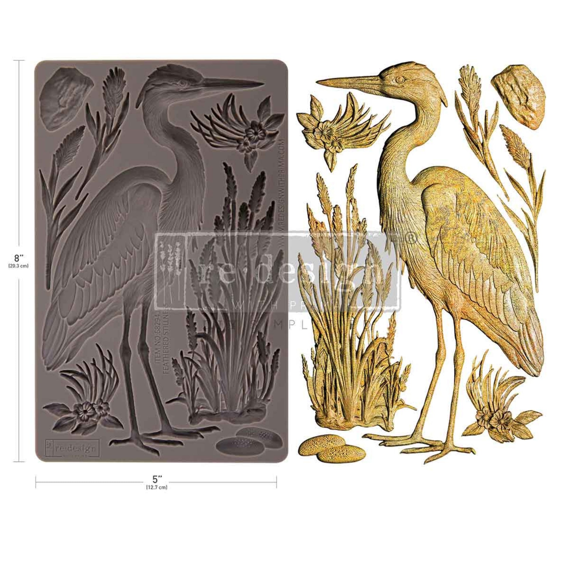 Feathered Stillness bird and cattail silicone mould for furniture makeovers, lake house décor, garden crafts, trays, signs, and mixed media.