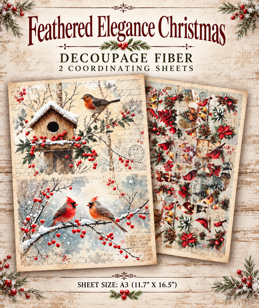 A3 Decoupage Fiber Pack – Feathered Elegance Christmas – 2 Sheets