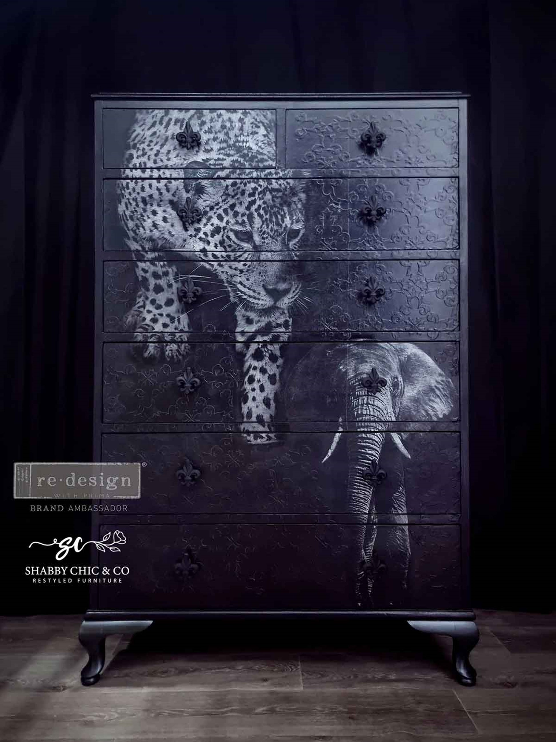 Tall black dresser featuring Feline Gaze leopard decoupage artwork with an elephant accent and dark textured finish.