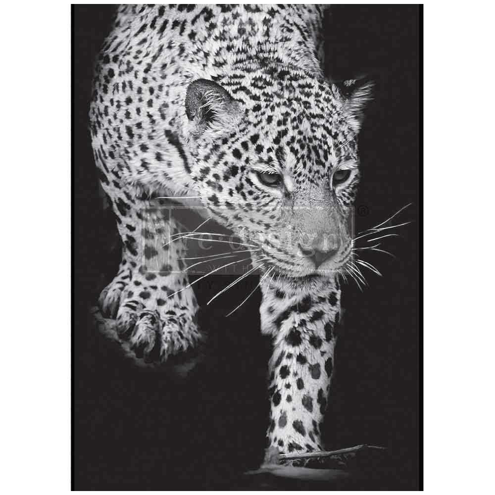 Feline Gaze A1 Decoupage Fiber Paper featuring a dramatic black-and-white leopard on a dark background.