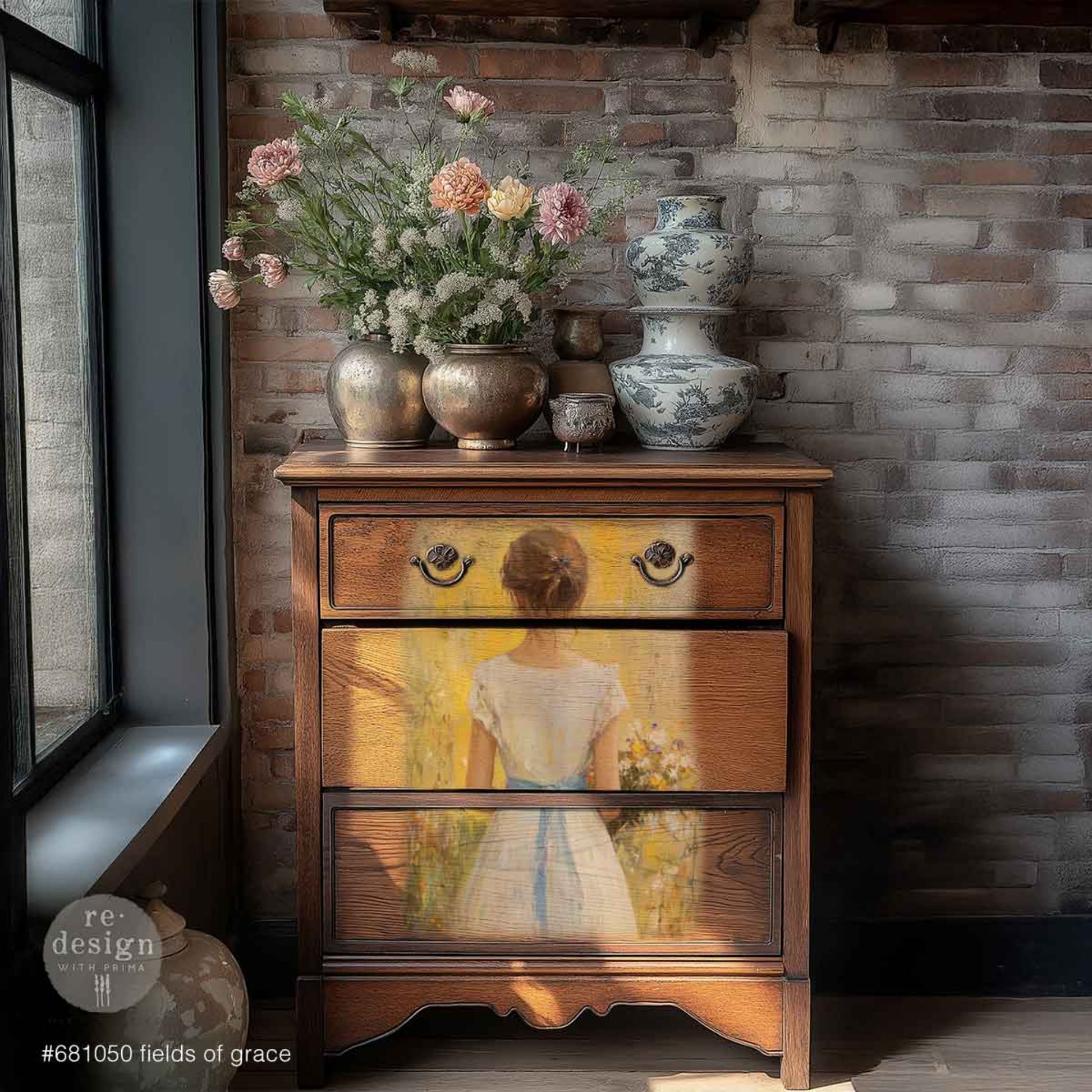 A3 decoupage fiber paper Fields Of Grace featuring woman in white dress with blue ribbon standing in sunlit floral meadow for furniture decor projects
