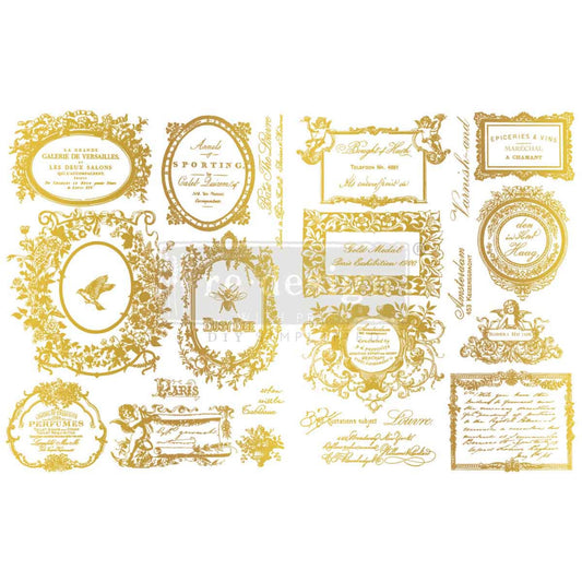 Gold Fleur De Minuit H2O transfer sheet with vintage French labels, ornate frames, florals, bees, birds, and script designs.