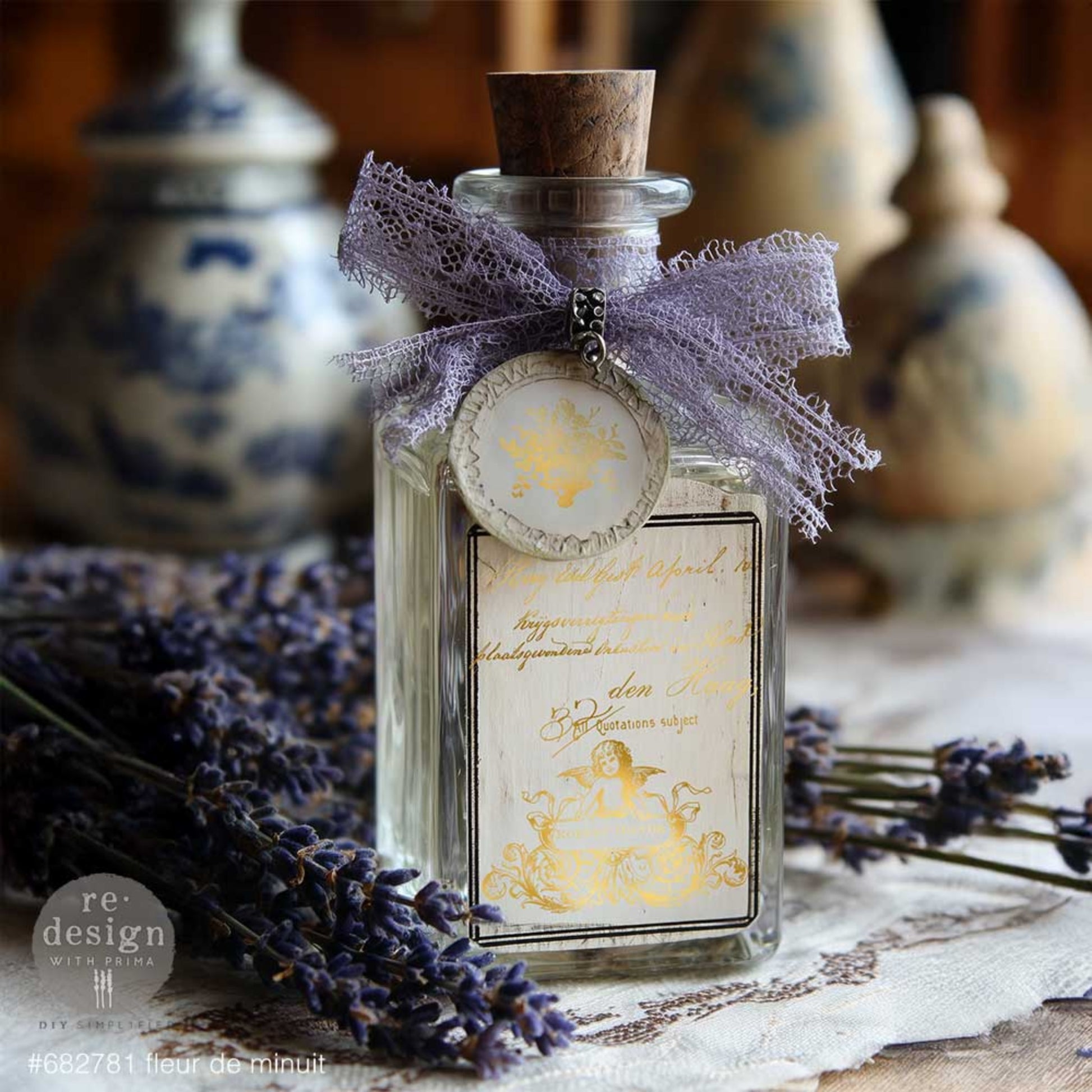 Vintage French gold water transfer designs featuring decorative labels on a perfume bottle