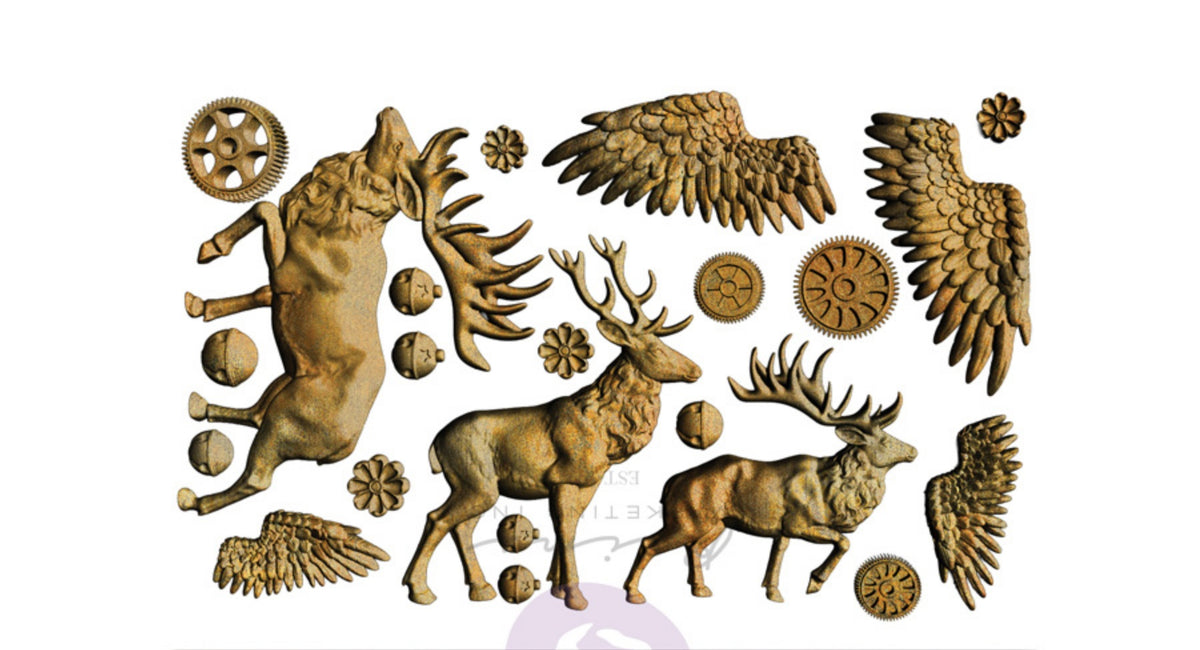 Antique gold deer, feathered wings and decorative gear castings created with Finnabair Forest Spirits mould