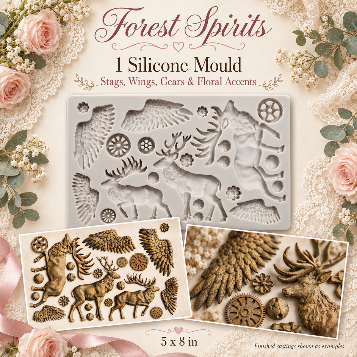 Finnabair Forest Spirits silicone mould with deer, feathered wings, gears and examples of finished castings